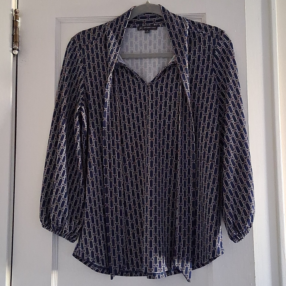 Adrianna Papell Navy and White Geometric Blouse
